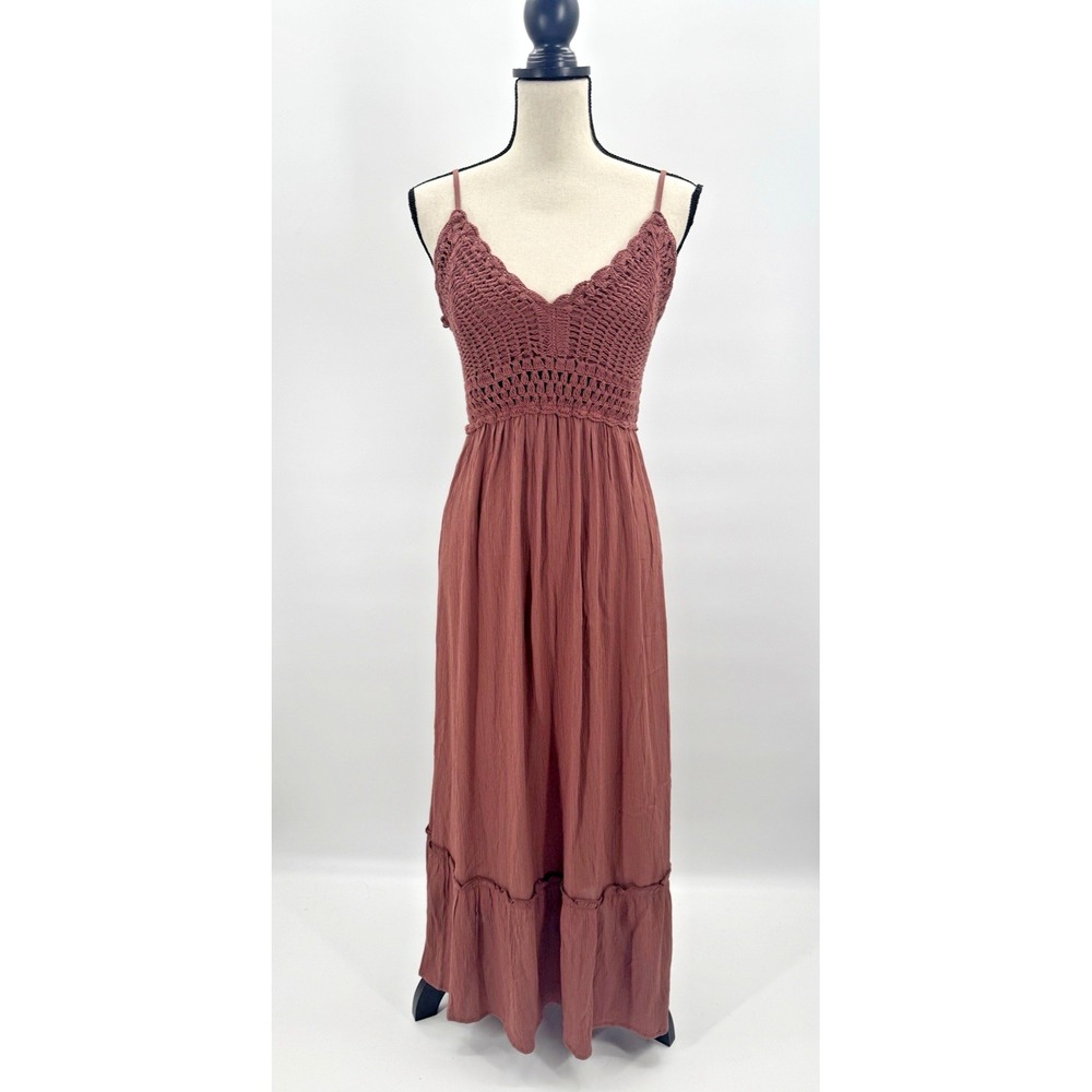 Indulge Boho Mauve Maxi Dress XL Crochet Lace Ruffle Babydoll Fairy Peasant Ren